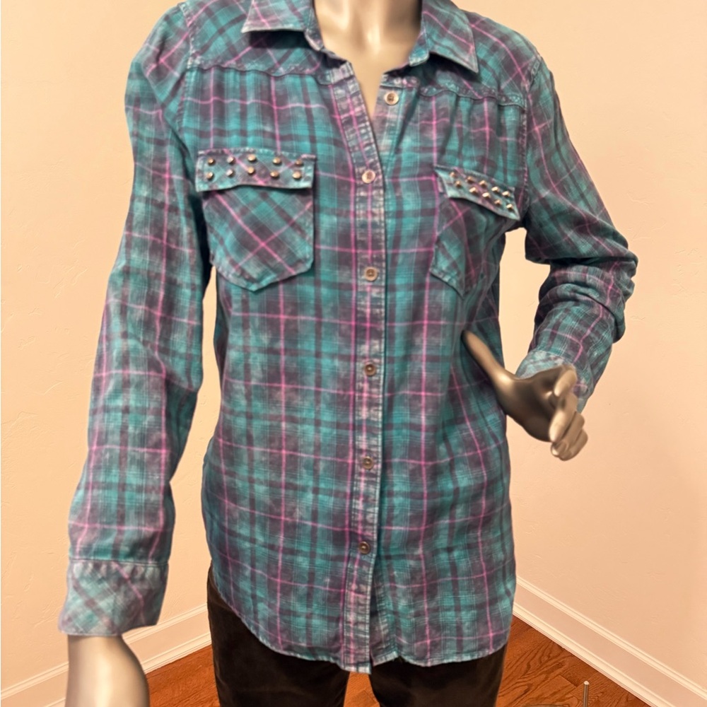 Rock & Republic Teal and Purple Distressed  Plaid Shirt with Stud‎ Accents
